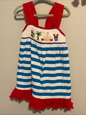 Girls Nautical Blue & White Striped Sundress with Red Trim 24 month smock